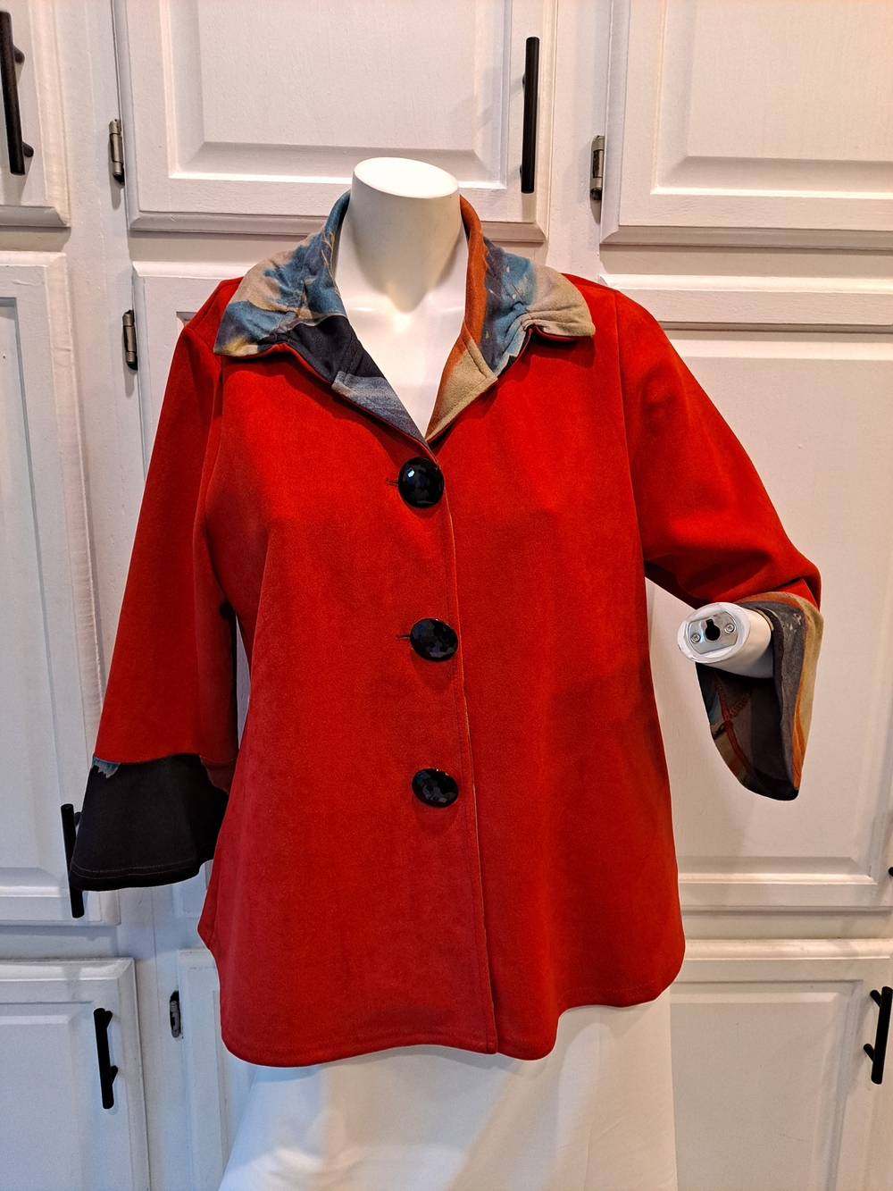Miss Nikky Vintage Red & Black Three-Button Pea Coat w/Multicolor Pattern Collar